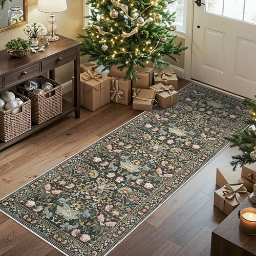 2x6 Washable Hallway Runner Rug: Vintage Floral Kitchen Rugs - Image 2