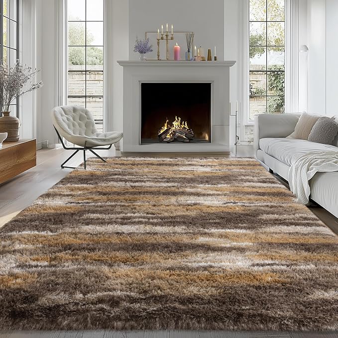 9x12 Fluffy Shag Area Rugs, Ultra Soft Non-Slip Abstract Brown Plush Carpet - Image 3