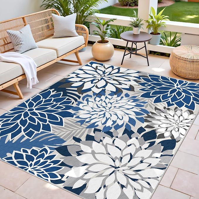 6x9 Outdoor Area Rug Washable Multicolored Patio Rug Tropical Botanical Floral - Image 3