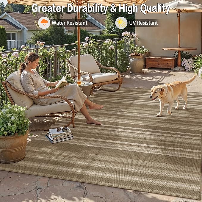 8x10 Easy Jute Stripe Area Rug Beige Brown Indoor Outdoor Rug Non Slip Neutral - Image 5