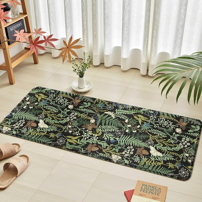 Black Green Botanical Kitchen Rugs Set of 2 Plant Leaf Anti-Fatigue Kitchen Mat - Image 3