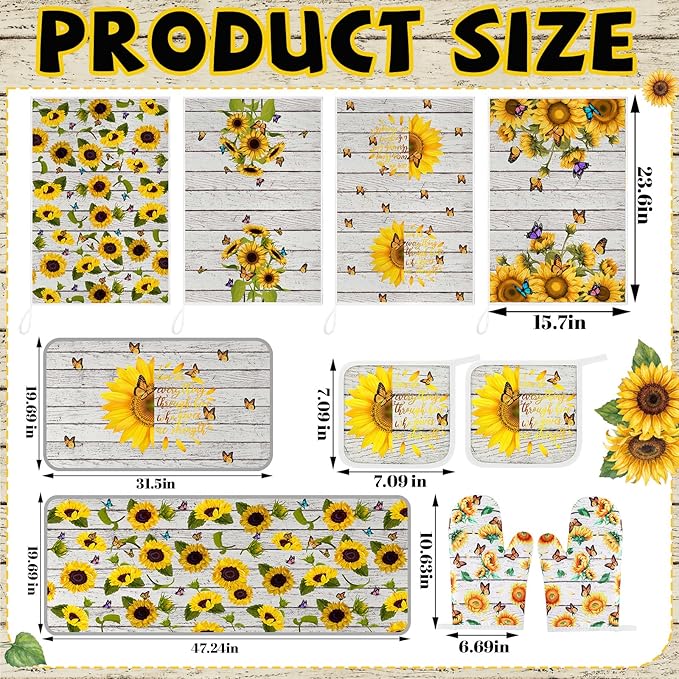Fourluoo 10 Pcs Sunflower Kitchen Decor Set Butterfly Towels and Rugs Oven - Image 3