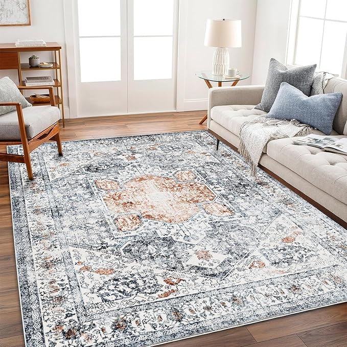 CHAMPLANT Area Rug 10x14 Washable Orange Gray Vintage Traditional Mat by CHAMPLANT