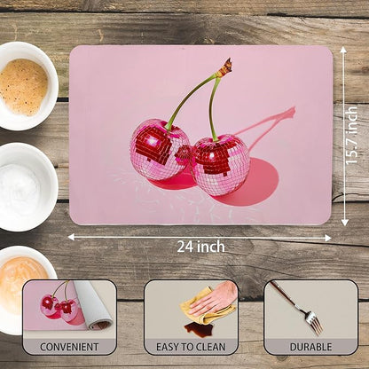 Pink Cherry Disco Ball Dish Drying Mat, Preppy Glam Cherries Coffee Bar Mat - Image 3