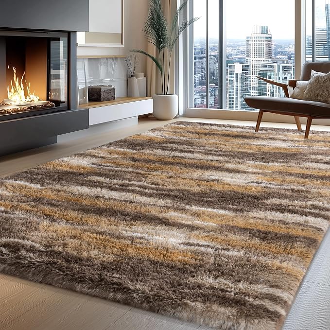 9x12 Fluffy Shag Area Rugs, Ultra Soft Non-Slip Abstract Brown Plush Carpet - Image 4