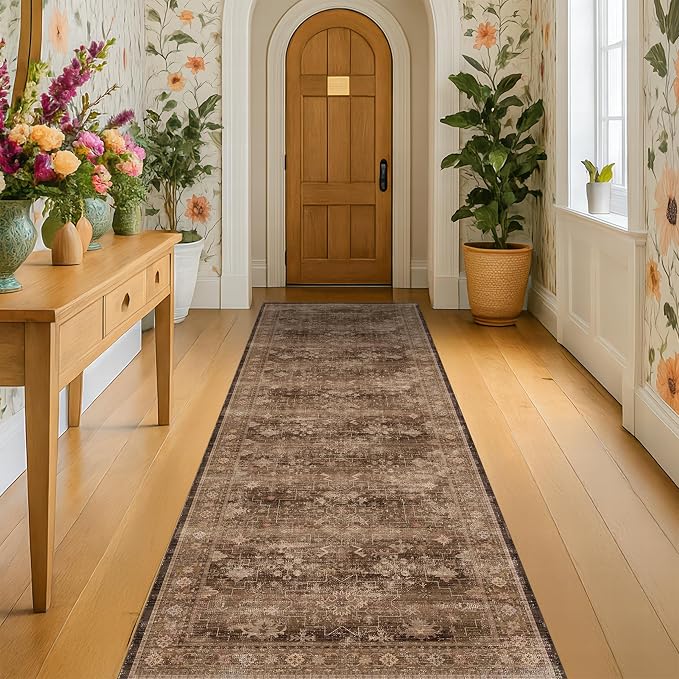 Hazo Haus Brown Neutral Boho Washable 3x12 Extra Long Hallway Runner Rug by HazoHaus