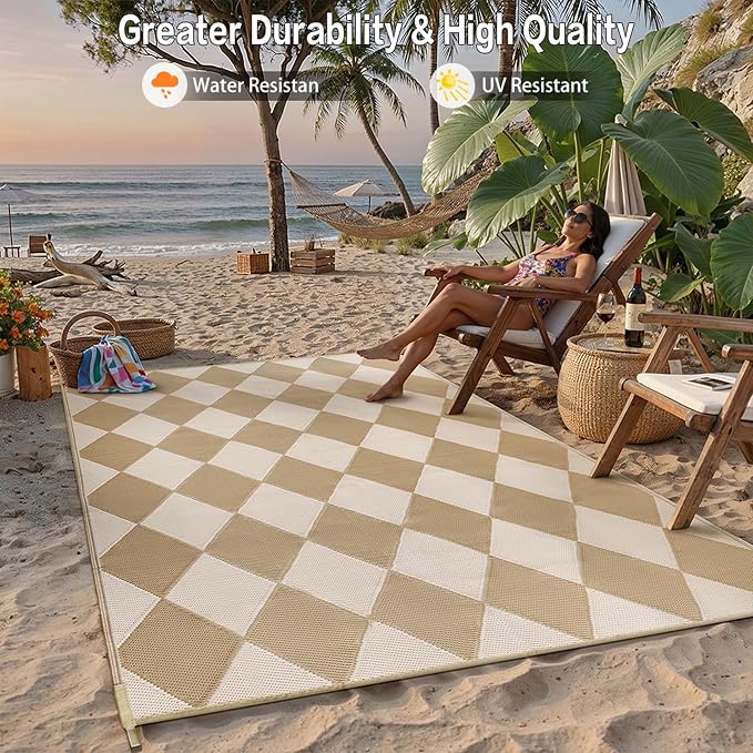 Outdoor Plastic Checkered Rug Waterproof Patio 6x9 Beige Brown Diamond Geometry - Image 5