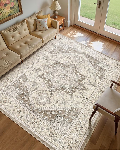 10x12 Vintage Area Rug: Washable Neutral Soft Non Slip Thin Large Floor Carpet - Image 2