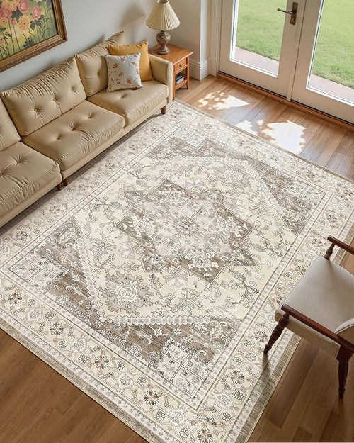8x10 Vintage Area Rug: Washable Neutral Soft Non Slip Thin Large Floor Carpet by MICGEEK