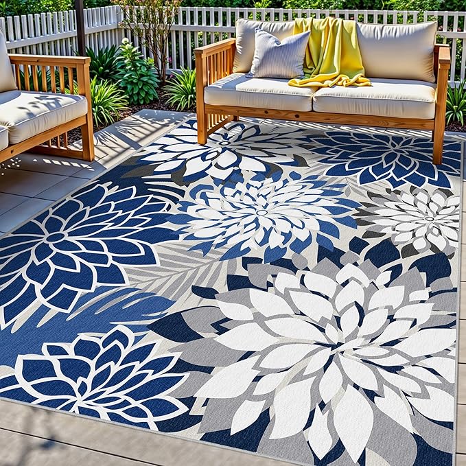 5x8 Outdoor Area Rug Washable Multicolored Patio Rug Tropical Botanical Floral by ArenaRug