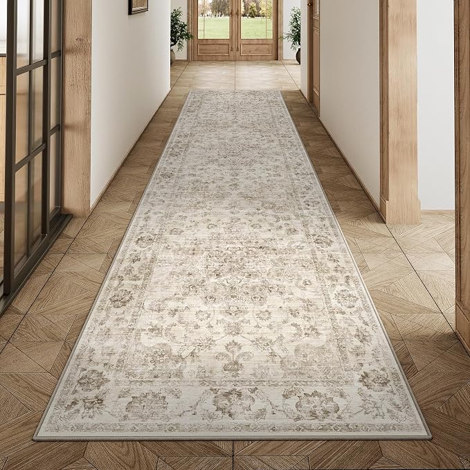 3x10 Washable Neutral Runner Rug Beige Vintage Hallway Kitchen Carpet Non-Slip - Image 3