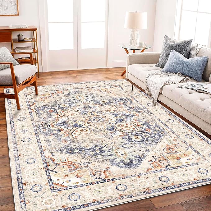 CHAMPLANT Area Rug 5'x7' Blue Khaki Washable Vintage Traditional Floor Cover by CHAMPLANT