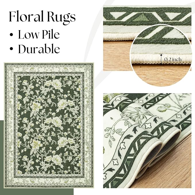Olive Green Floral Print Area Rugs - Image 5