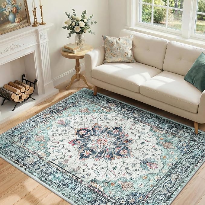 RELEANY Area Rugs 4'x6' Washable Non-Slip, Floral Vintage Distress Medallion by RELEANY