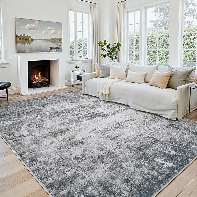 Area Rug 8x10 Living Room Rug Washable: No-Slip Abstract Soft Thin Large Gray by Oriannal