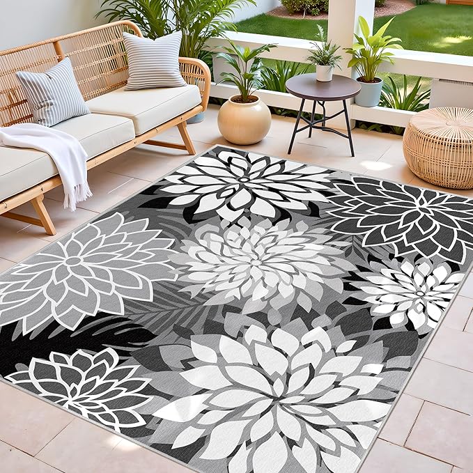 9x12 Outdoor Area Rug Washable Multicolored Patio Rug Tropical Botanical Floral - Image 3