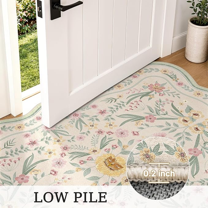 Scalloped Rug 7x9, Sage Green Floral Washable Non Slip Area Rug - Image 7