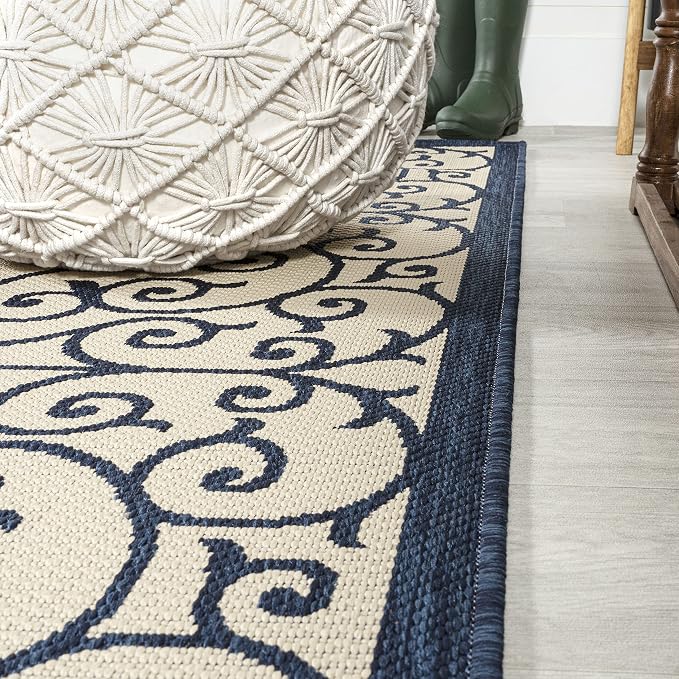 JONATHAN Y Vintage Filigree Indoor Outdoor Runner Rug 2X8 Navy/Beige, Madrid - Image 4