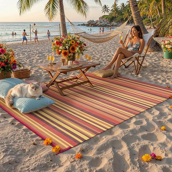 Outdoor Plastic Straw Rug Waterproof Patio 4x6 Red Orange Stripe Mat - Image 2