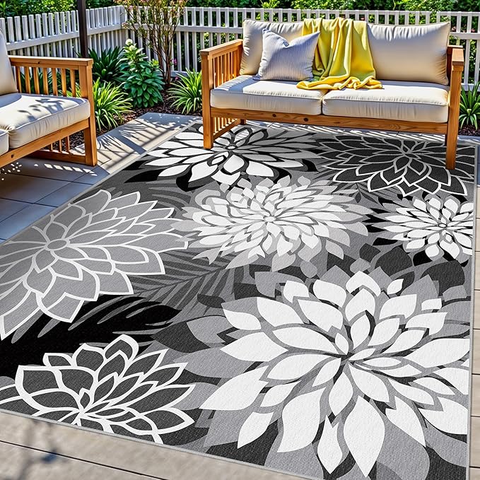 5x8 Outdoor Area Rug Washable Multicolored Patio Rug Tropical Botanical Floral by ArenaRug