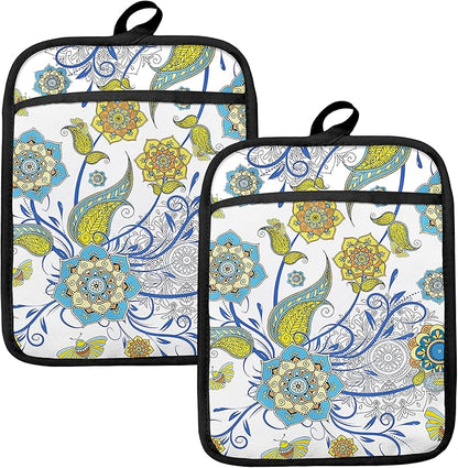 Boho Floral Oven Mitts Set, Vintage Luxury Blue and Gold Flower Floral Heat by HUGANE
