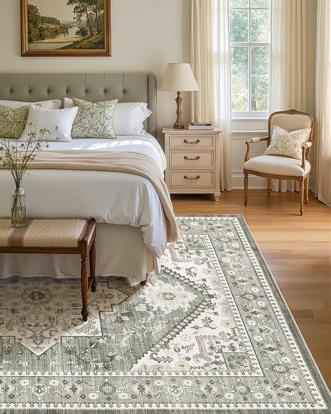 8x10 Vintage Area Rug: Washable Neutral Soft Non Slip Thin Large Floor Carpet - Image 3