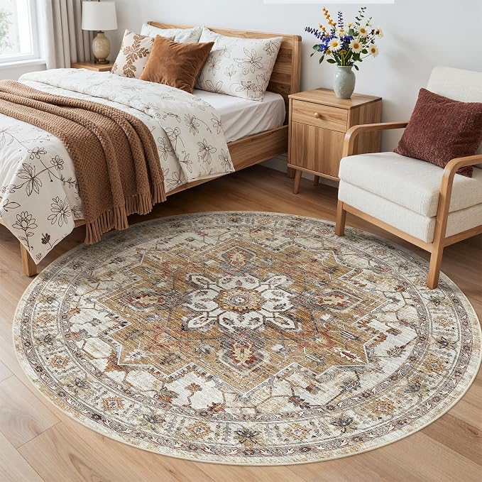 Madane Washable 6ft Circle Round Rug, 6x6 Circular Rugs Non-Slip Vintage Area - Image 2