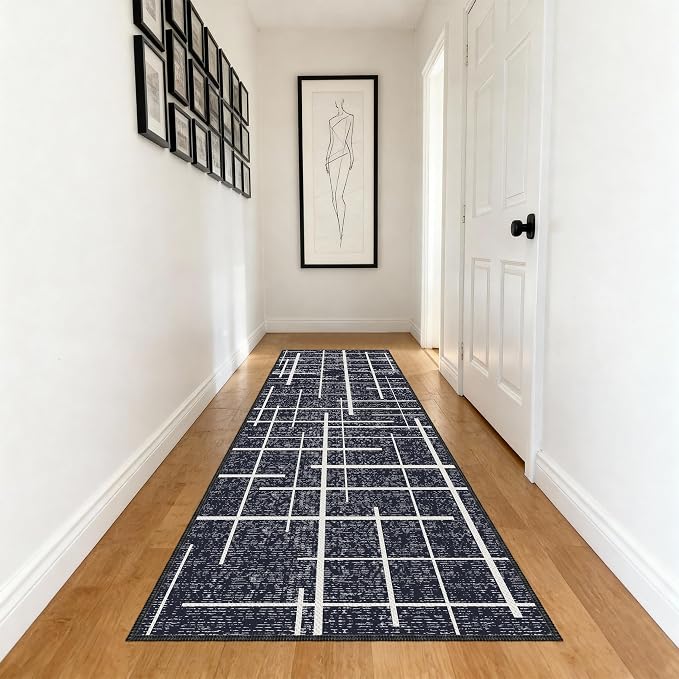 Modern Kitchen Runner Rug Non Slip 2.6x8, Washable Distressed Stripe, Hallway - Image 8