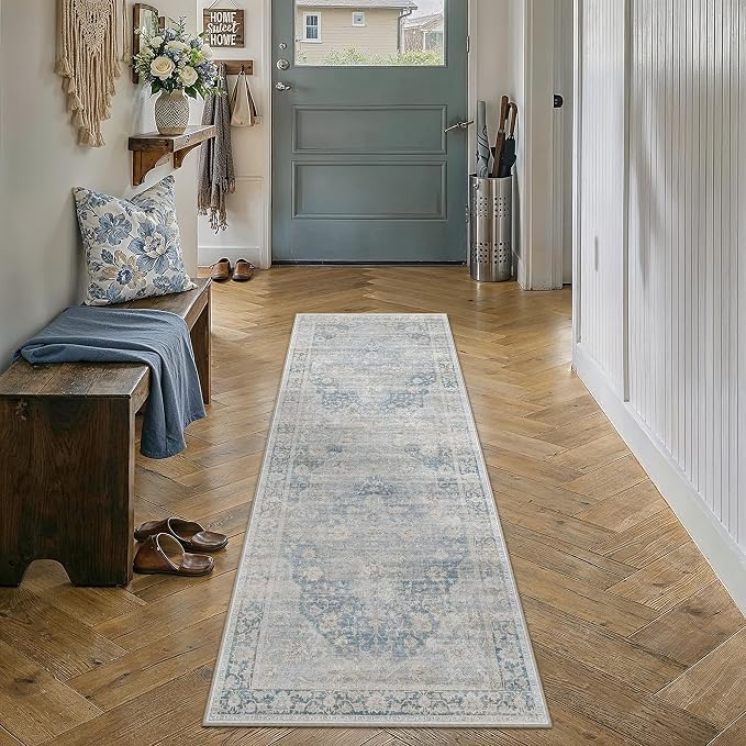 2x6 Washable Neutral Runner Rug Blue Vintage Hallway Kitchen Carpet Non-Slip - Image 3