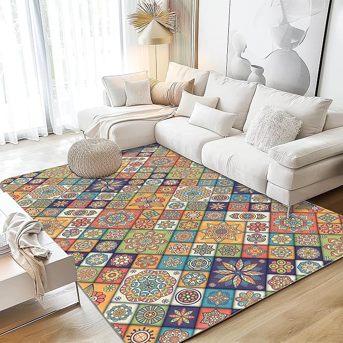 Colorful Mandala Floral Area Rug 5x7 Rust, Washable Large Rugs by SPUNKER