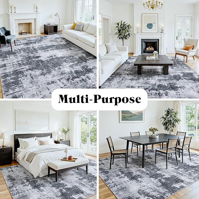 5x8 Area Rugs for Living Room Washable: Abstract Soft Thin Low Pile Black Rug - Image 4