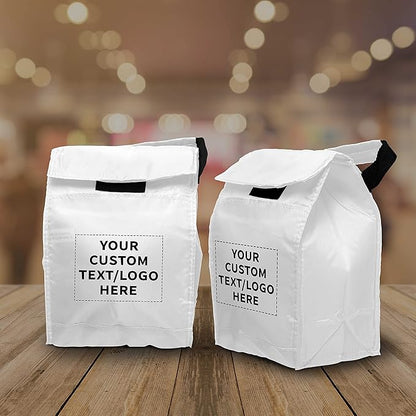 DISCOUNT PROMOS 50 Hook and Loop Insulated Lunch Bags Set - Customizable Text, Logo - Polyester, Durable, Vibrant, Reusable - White