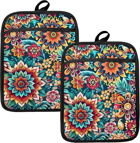 Vibrant Mandala Floral Pot Holders by HUGANE