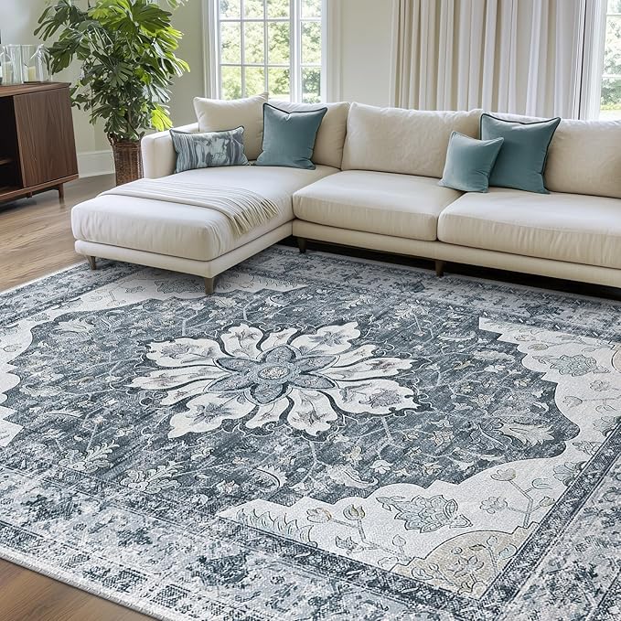 RELEANY Area Rugs 7'x9' Washable Non-Slip, Floral Vintage Distress Medallion by RELEANY
