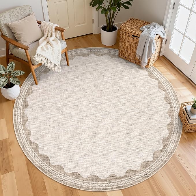 GarveeHome Scalloped Beige 6ft Round Rug Washable Non-Slip Soft Ultra-Thin - Image 3