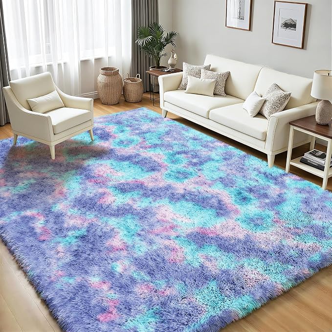 Rainbow Fluffy Rugs for Girls Bedroom: 9x12 Large Shag High Pile Area Rug - Image 7