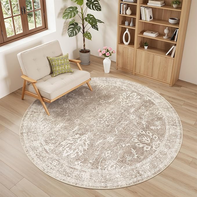 Madane Washable Round Rug 6ft for Living Room, Soft Ultra-Thin Non-Slip Vintage by Madane
