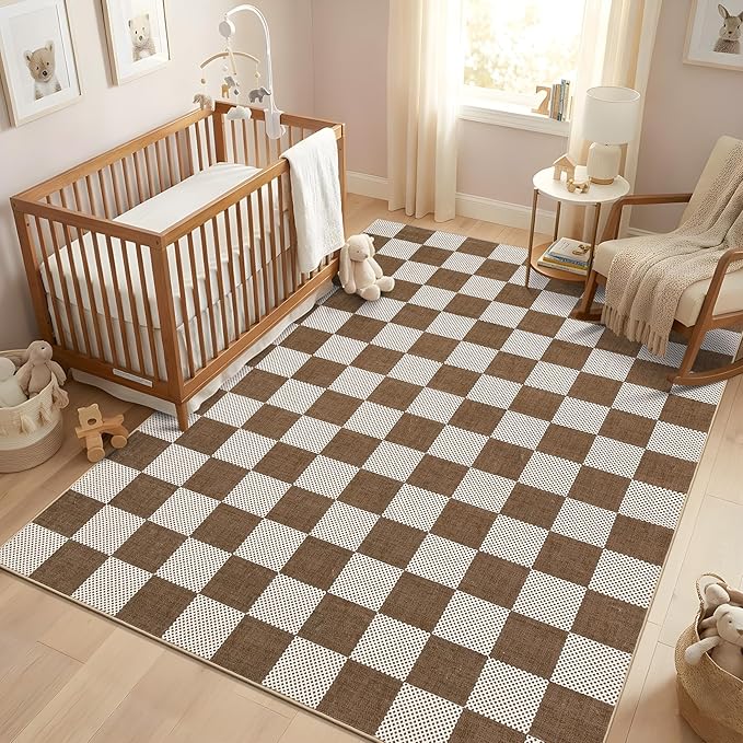 GarveeHome Checkered Terracotta Brown 5x7 Washable Rug Geometric Diamond Dot - Image 2
