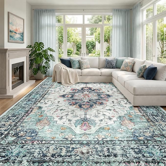 RELEANY Area Rugs Large 10'x12' Washable Non-Slip, Floral Vintage Distress by RELEANY