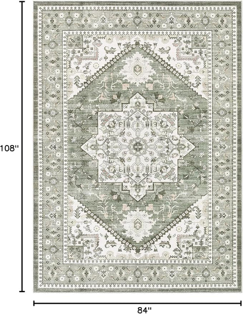 7x9 Vintage Area Rug: Washable Neutral Soft Non Slip Thin Large Floor Carpet - Image 2
