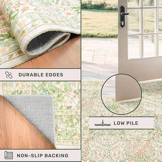 Vintage Washable Beige Green 10x12 Rug - Image 6