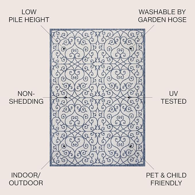 JONATHAN Y Vintage Filigree Indoor Outdoor Area Rug 9X12 Blue/Cream, Madrid - Image 2