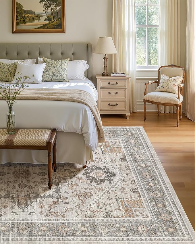 9x12 Vintage Area Rug: Washable Neutral Soft Non Slip Thin Large Floor Carpet - Image 3