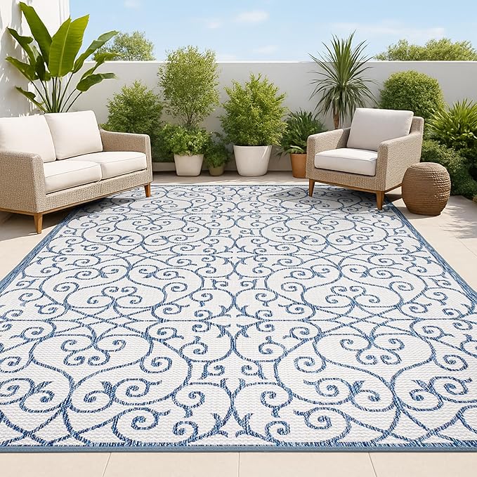 JONATHAN Y Vintage Filigree Indoor Outdoor Area Rug 8X10 Blue/Cream, Madrid by JONATHANY
