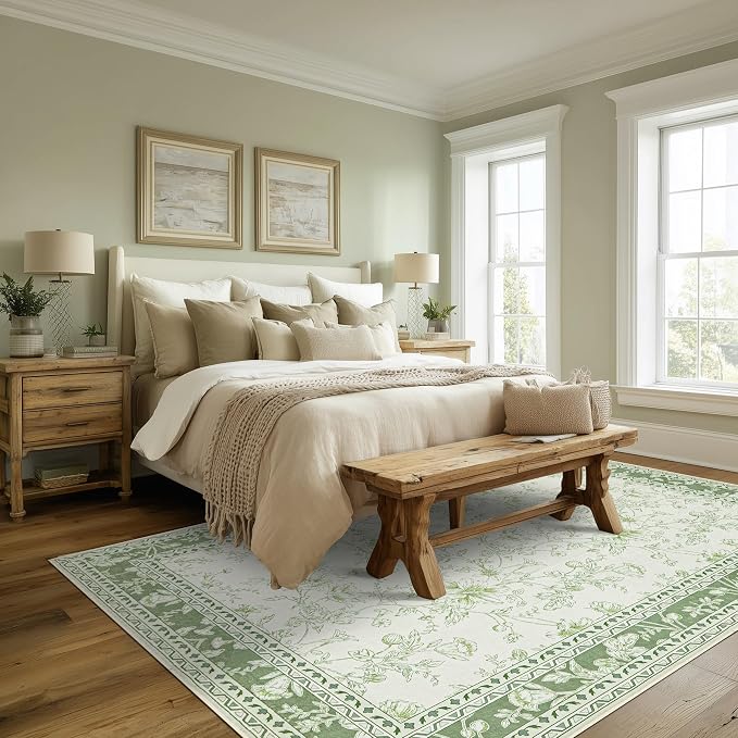 BILEEHOME Floral Area Rug for Bedroom 5x8 Sage Green and Cream Beige Vintage - Image 8
