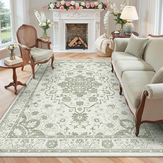 Madane 5x7 Area Rugs for Living Room, Machine Washable Vintage Green Rug by Madane