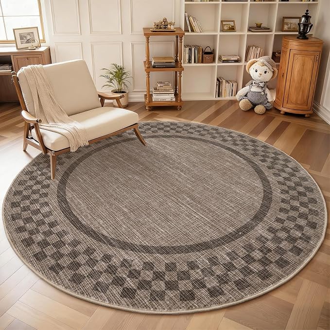4ft Washable Round Rug for Entryway Modern Checkered Bedroom Circle Rug Non by GarveeHome