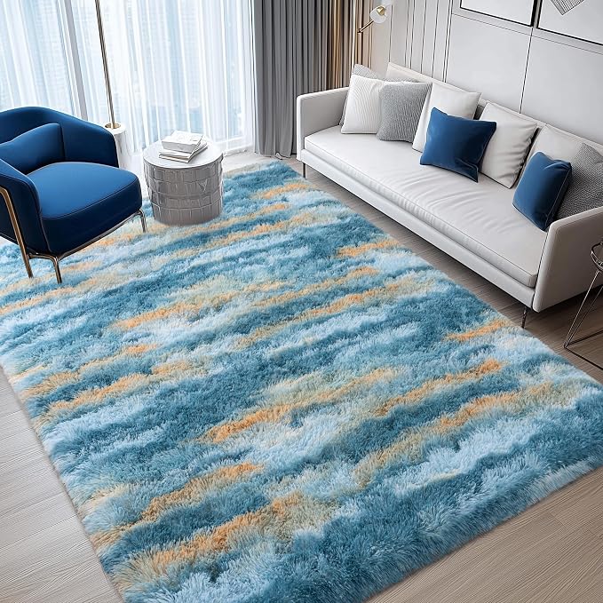 Shag Rugs for Living Room 8x10, Ultra Soft Fluffy Abstract Blue Yellow Fuzzy - Image 3