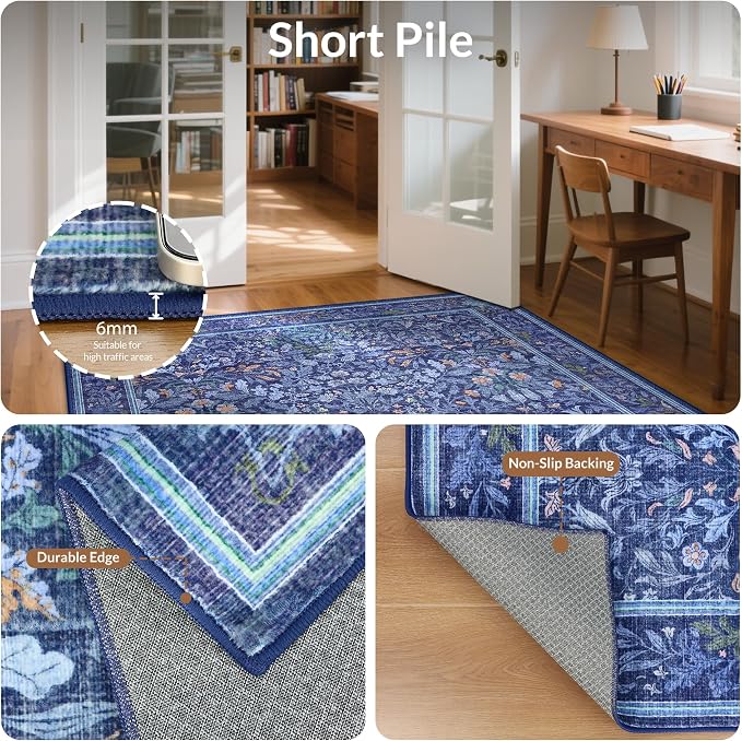 GENIMO 9x12 Washable Area Rug, Non-Slip Vintage Boho Floral Carpet, Large Area - Image 5