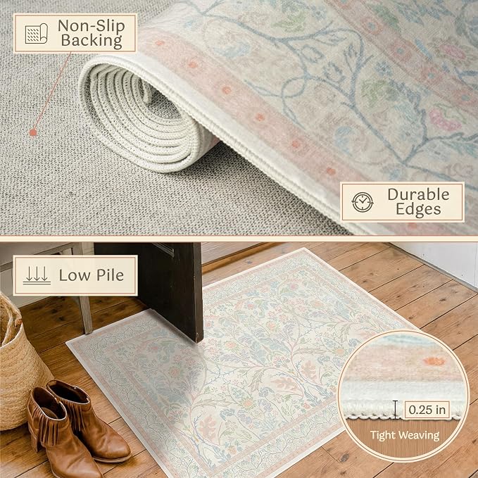 Cottagecore Floral 4x6 Pink and Blue Girls Vanity Rug - Image 5